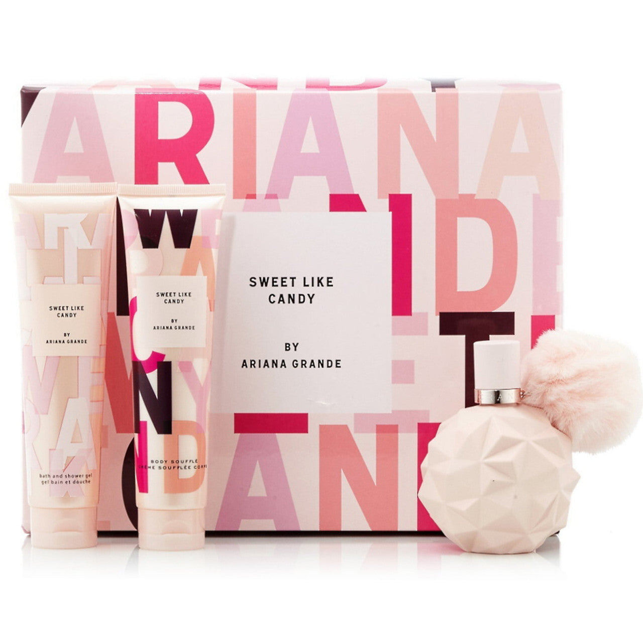 Ariana grande sweet like candy 3 pcs set for women: 1.7 eau de parfum spray + 0.33 eau de parfum spray + 3.4 body souffle