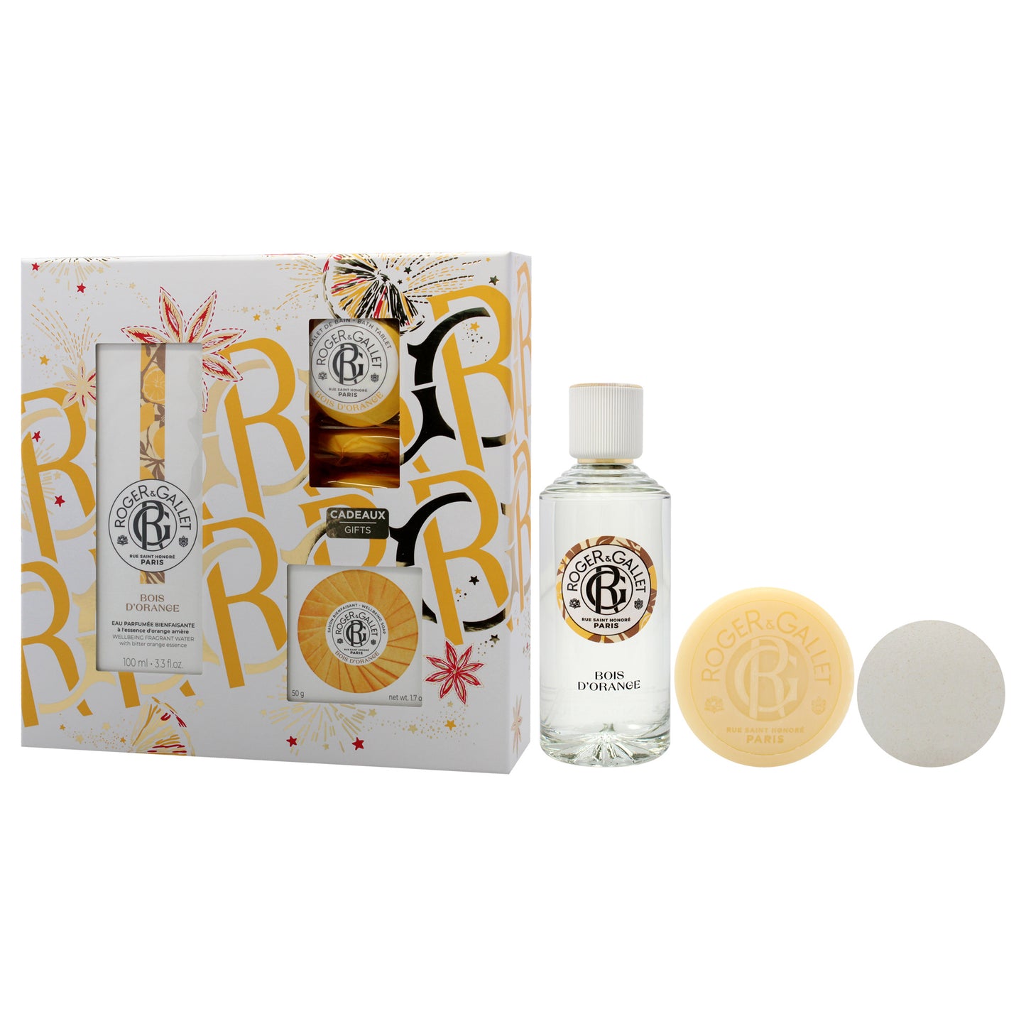 Bois DOrange Set by Roger & Gallet for Unisex - 5 Pc Gift Set 3.3oz Wellbeing Fragrant Water, 1.7oz Wellbeing Soap, 3 x 0.88oz Bath Tablets