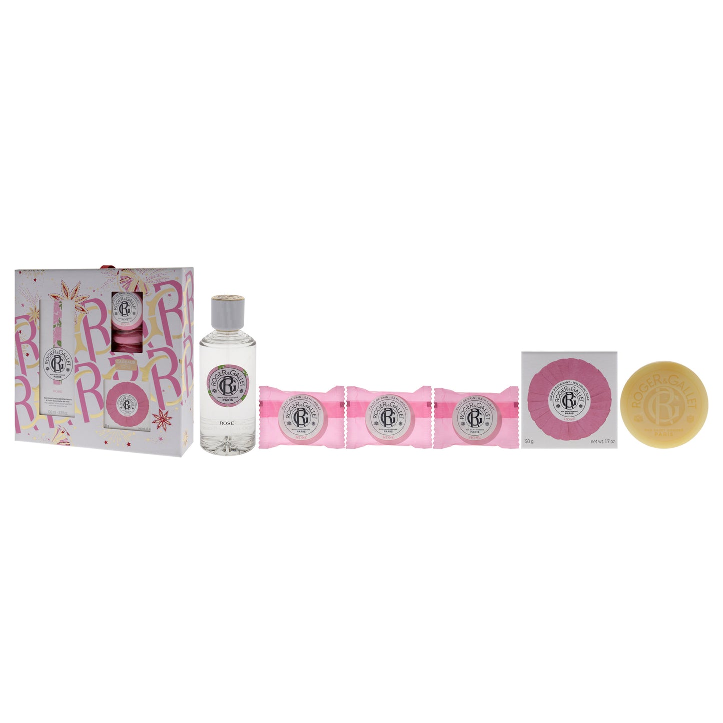 Rose by Roger & Gallet for Women - 5 Pc Gift Set 3.3oz Wellbeing Fragrant Water, 3 x 0.88oz Bath Tablets, 1.7oz Wellbeing Soap