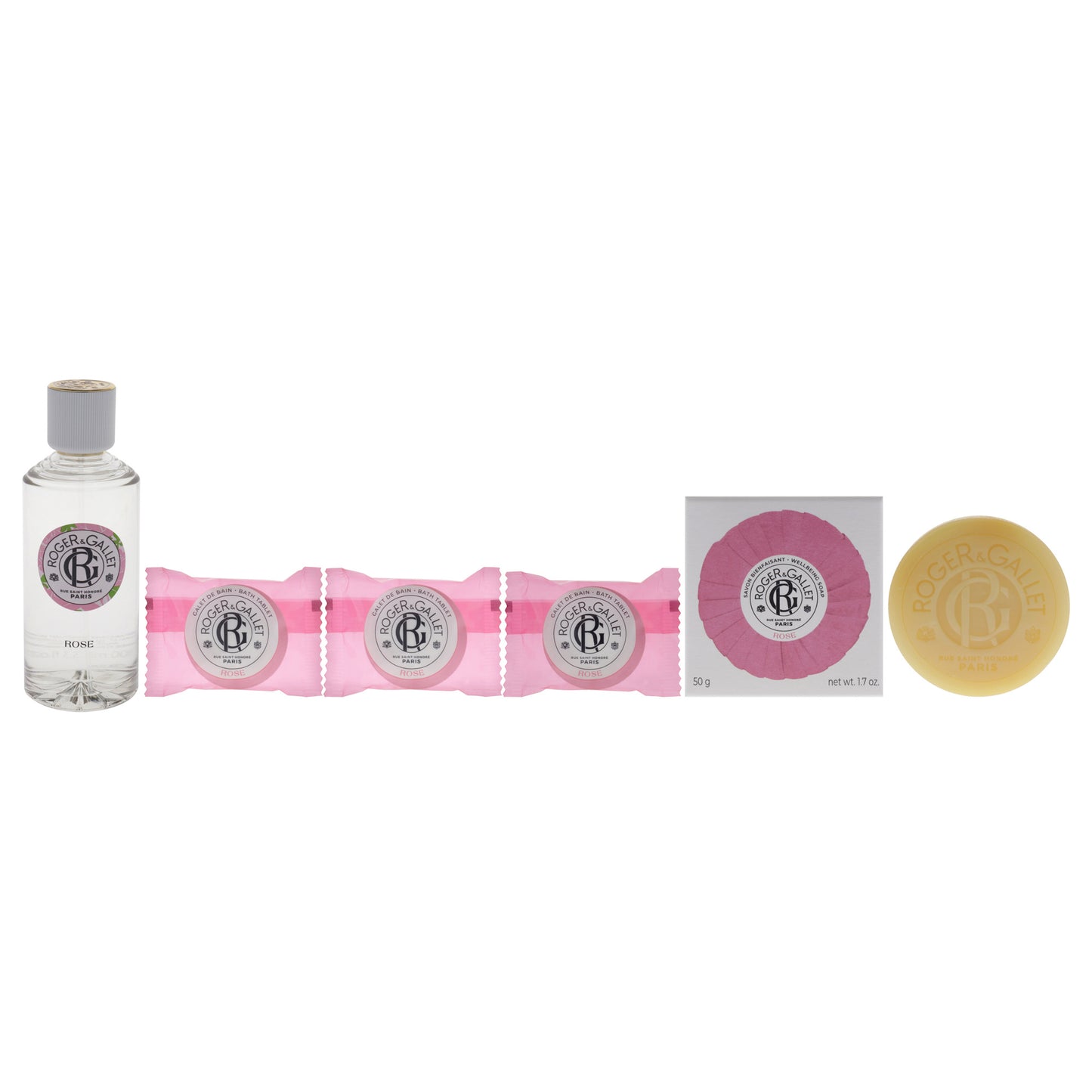 Rose by Roger & Gallet for Women - 5 Pc Gift Set 3.3oz Wellbeing Fragrant Water, 3 x 0.88oz Bath Tablets, 1.7oz Wellbeing Soap