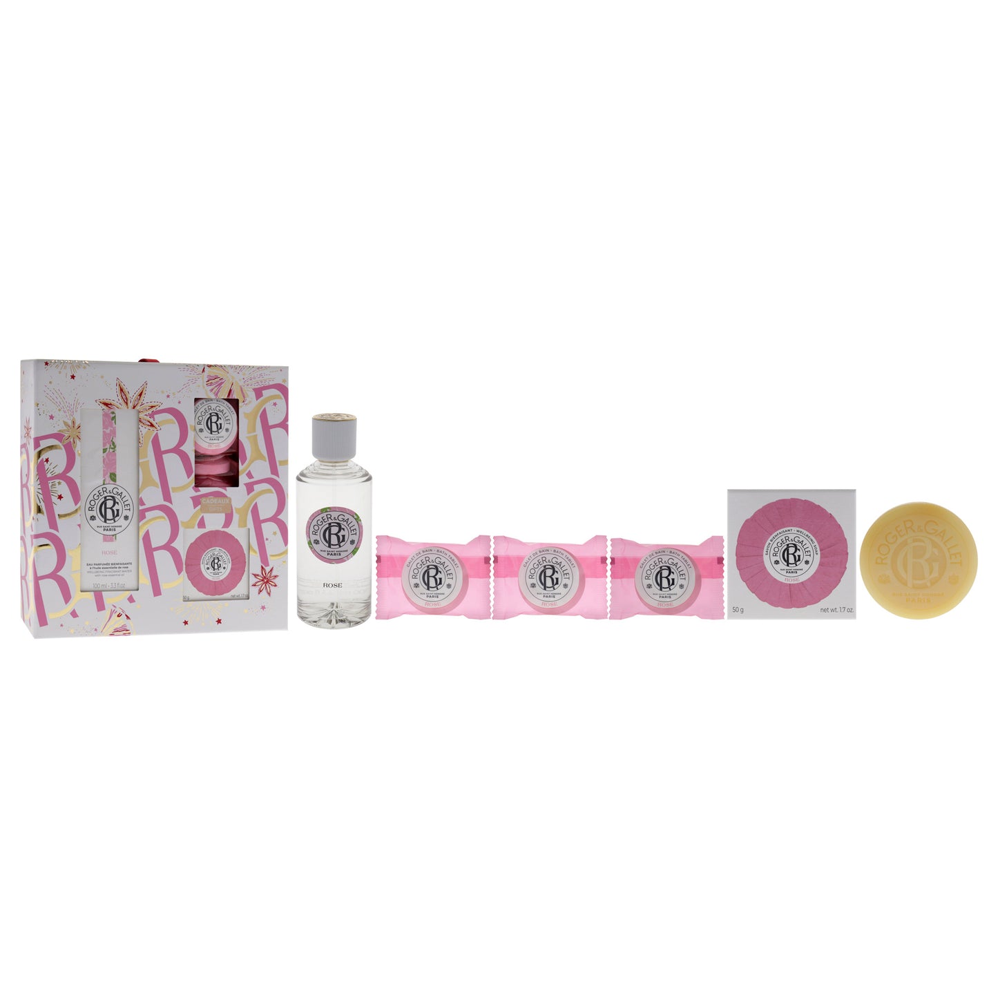 Rose by Roger & Gallet for Women - 5 Pc Gift Set 3.3oz Wellbeing Fragrant Water, 3 x 0.88oz Bath Tablets, 1.7oz Wellbeing Soap