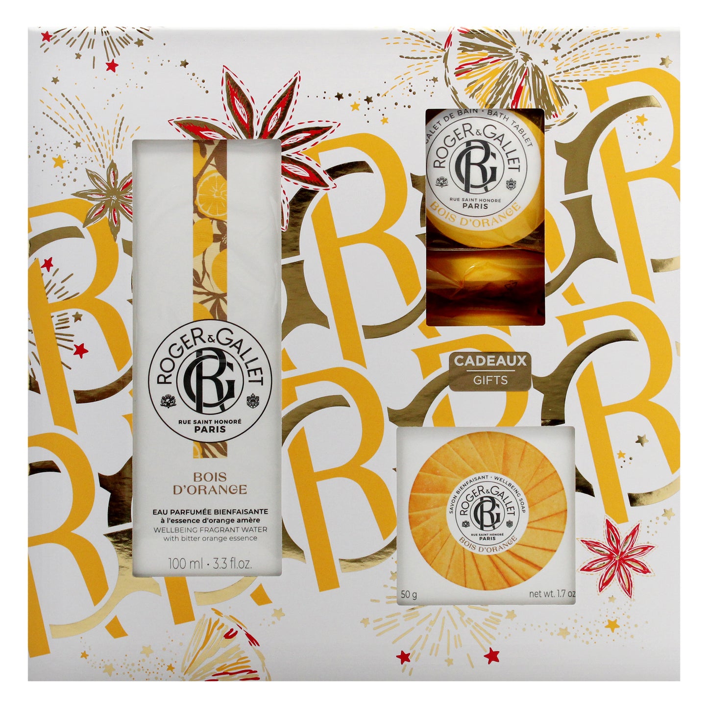 Bois DOrange Set by Roger & Gallet for Unisex - 5 Pc Gift Set 3.3oz Wellbeing Fragrant Water, 1.7oz Wellbeing Soap, 3 x 0.88oz Bath Tablets