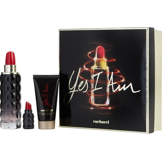 YES I AM by Cacharel (WOMEN) EAU DE PARFUM SPRAY 2.5 OZ & BODY LOTION 1.7 OZ & EAU DE PARFUM 0.16 OZ MINI gift set