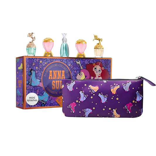 Anna sui 6 pc mini set for women: fantasia 0.17 eau de toilette + fantasia mermaid 0.17 eau de toilette + secret wish 0.17 eau de toilette + 2 x sky 0.17 eau de toilette + pouch