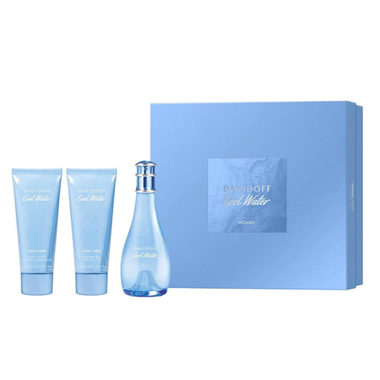 Cool water 3 pcs set for women: 3.4 oz eau de toilette spray + 2.5 oz shower gel + 2.5 oz body lotion.