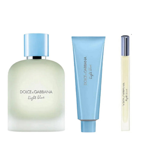 Dolce & gabbana light blue 3 pcs set for men: 3.3 eau de toilette spray + 0.33 eau de toilette spray + 1.69 shower gel