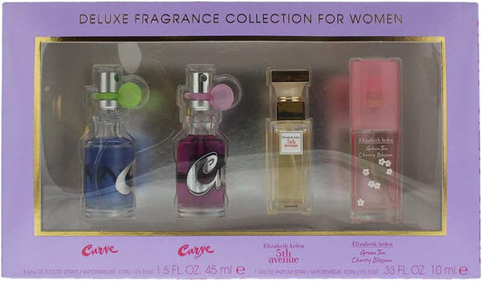 Elizabeth arden 4 pcs set for women: curve 0.5 eau de toilette spray + curve crush 0.5 eau de toilette spray + green tea cherry blossom 0.5 eau de toilette spray + fifth avenue 0.33 eau de parfum spray