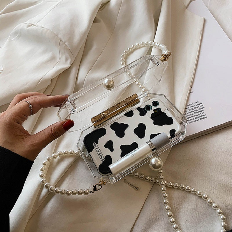2023 Fashion Clear Acrylic Box Clutch Purse Women Transparent Handbag Plastic Barrel Shaped Bag Girl Party Bag with Pearl Chain