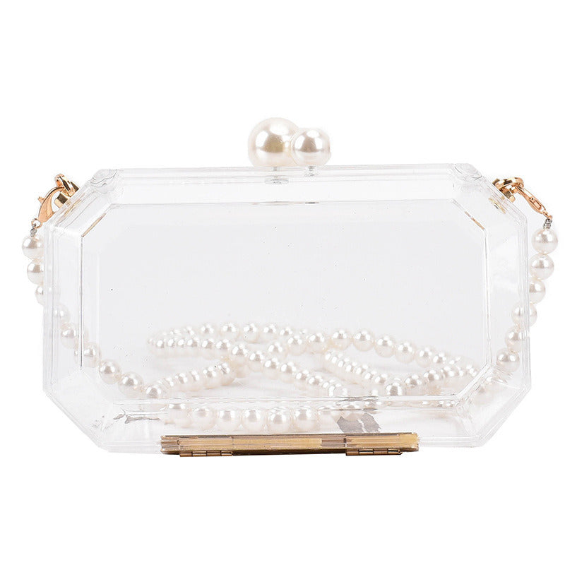 2023 Fashion Clear Acrylic Box Clutch Purse Women Transparent Handbag Plastic Barrel Shaped Bag Girl Party Bag with Pearl Chain