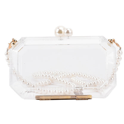 2023 Fashion Clear Acrylic Box Clutch Purse Women Transparent Handbag Plastic Barrel Shaped Bag Girl Party Bag with Pearl Chain