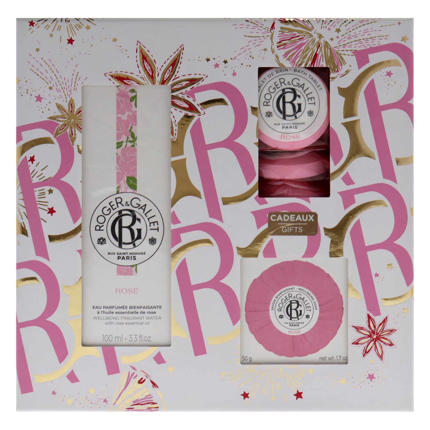 Rose by Roger & Gallet for Women - 5 Pc Gift Set 3.3oz Wellbeing Fragrant Water, 3 x 0.88oz Bath Tablets, 1.7oz Wellbeing Soap